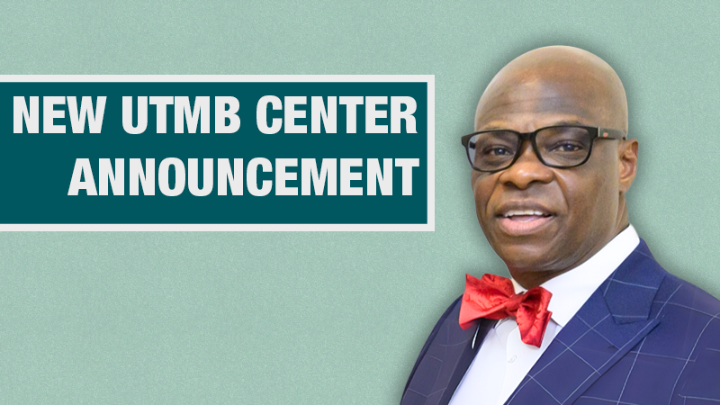 Graphic with a light teal background showing a person in a blue plaid blazer beside a dark teal box containing the text ‘New UTMB Center Announcement.’