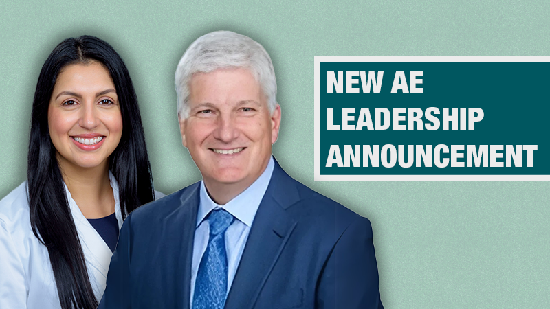Graphic with a light teal background showing two people with one in a white lab coat and in a navy blazer beside a dark teal box containing the text ‘New AE Leadership Announcement.’
