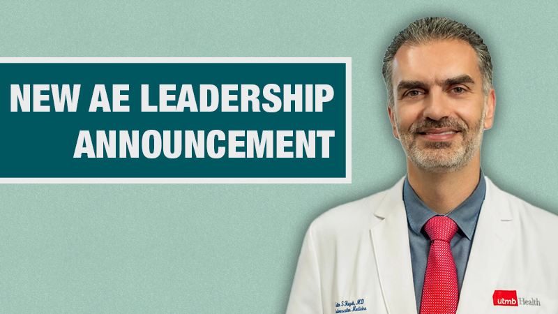 Graphic with a light teal background showing a person in a white lab coat beside a dark teal box containing the text ‘New AE Leadership Announcement.’