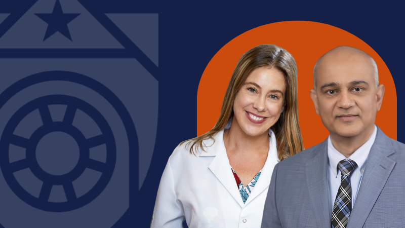 A woman in a white lab coat, next to a man in a grey suit on a navy blue graphic featuring the UTMB logo and an orange backdrop directly behind the people