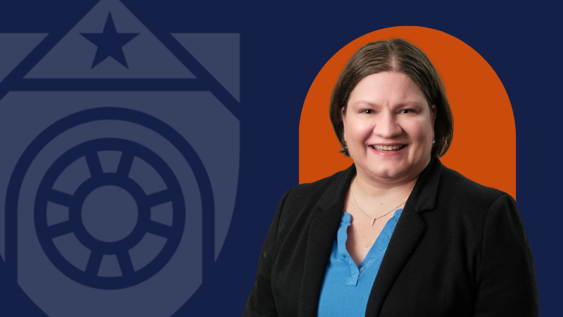 A woman in a black blazer on a navy background with an orange background layered directly behind her and the UTMB logo to the left.