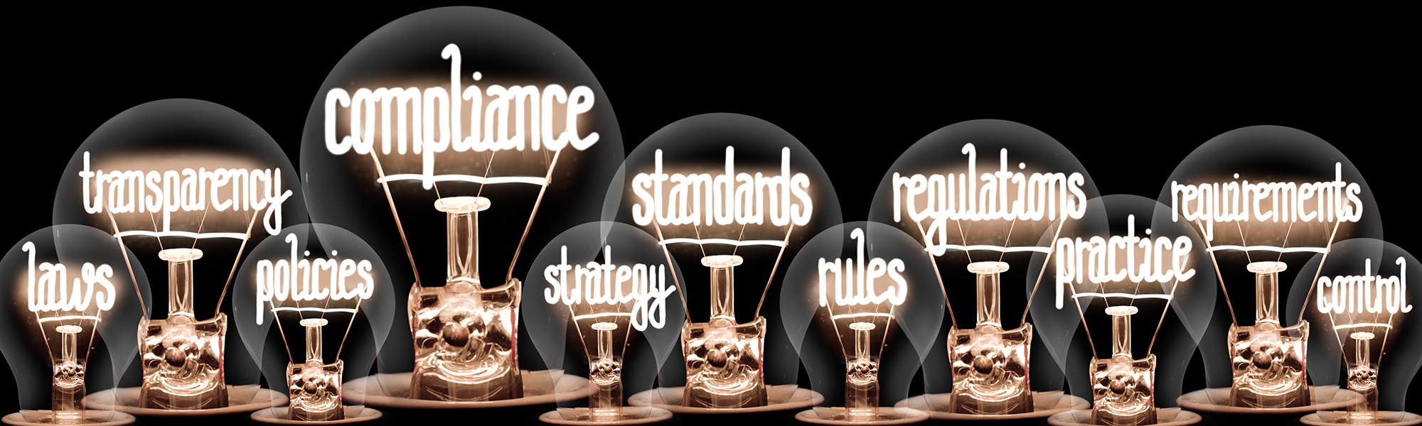 Illustration of illuminated light bulbs labeled laws, transparency, policies, compliance, strategy, standards, rules, regulations, practice, requirements, and control on a dark background.