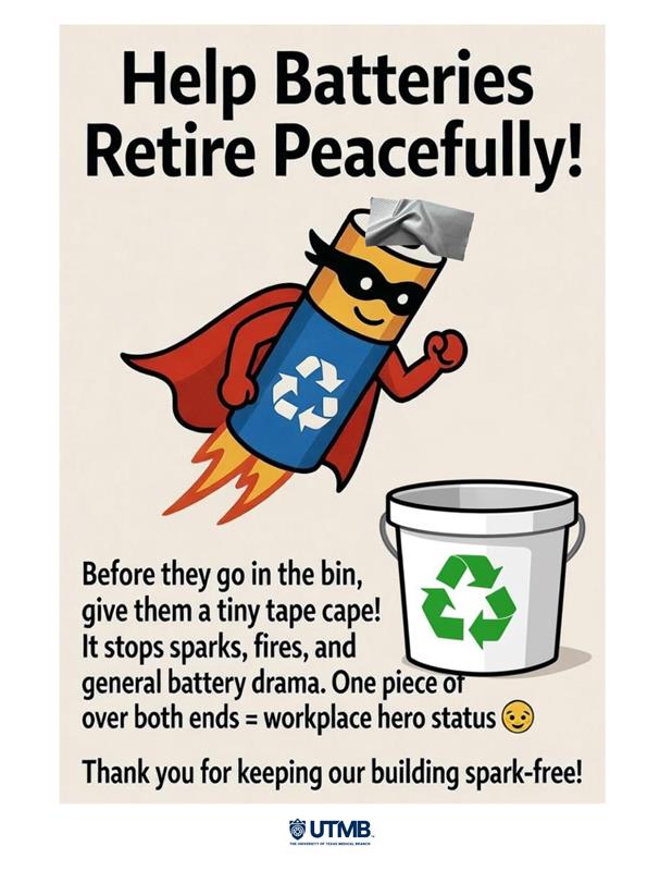 Illustrated UTMB poster showing a cartoon battery wearing a taped top and a cape flying toward a recycling bucket, with text encouraging taping battery terminals before disposal to prevent sparks and fires.