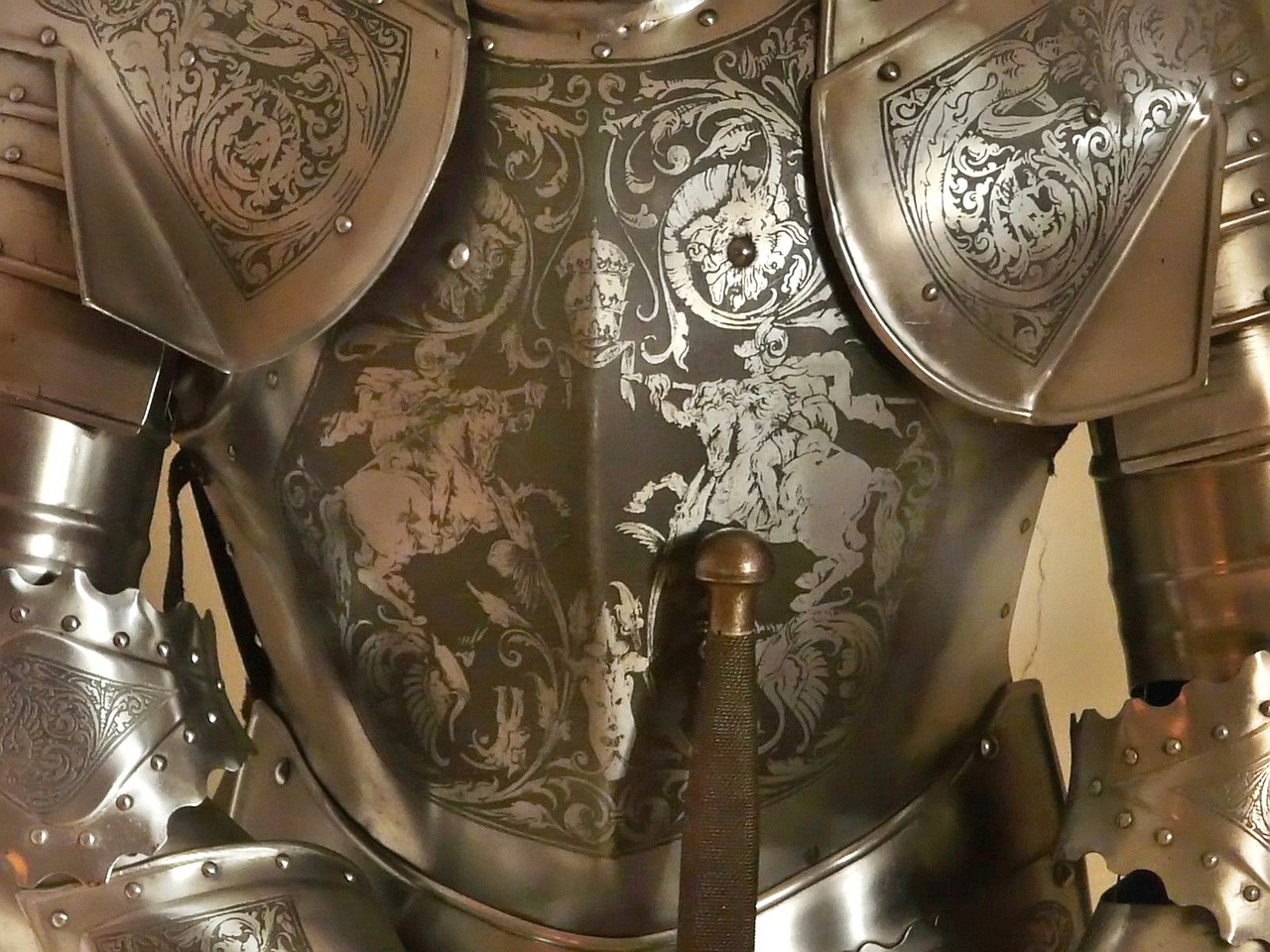 elaborately etched knight body armor