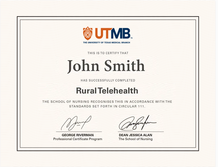 UTMB John Smith certificate of Rural Telehealth