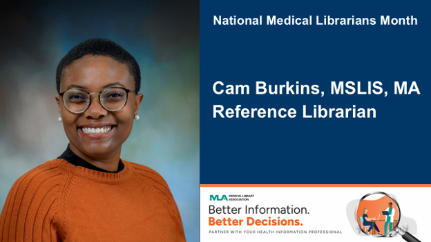 Head shot of Cam Burkins, Reference Librarian at UTMB