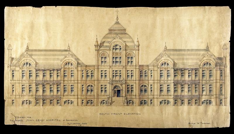 drawing of the exterior of John Sealy Hospital from 1888. The paper is aged and yellow with some ripples.