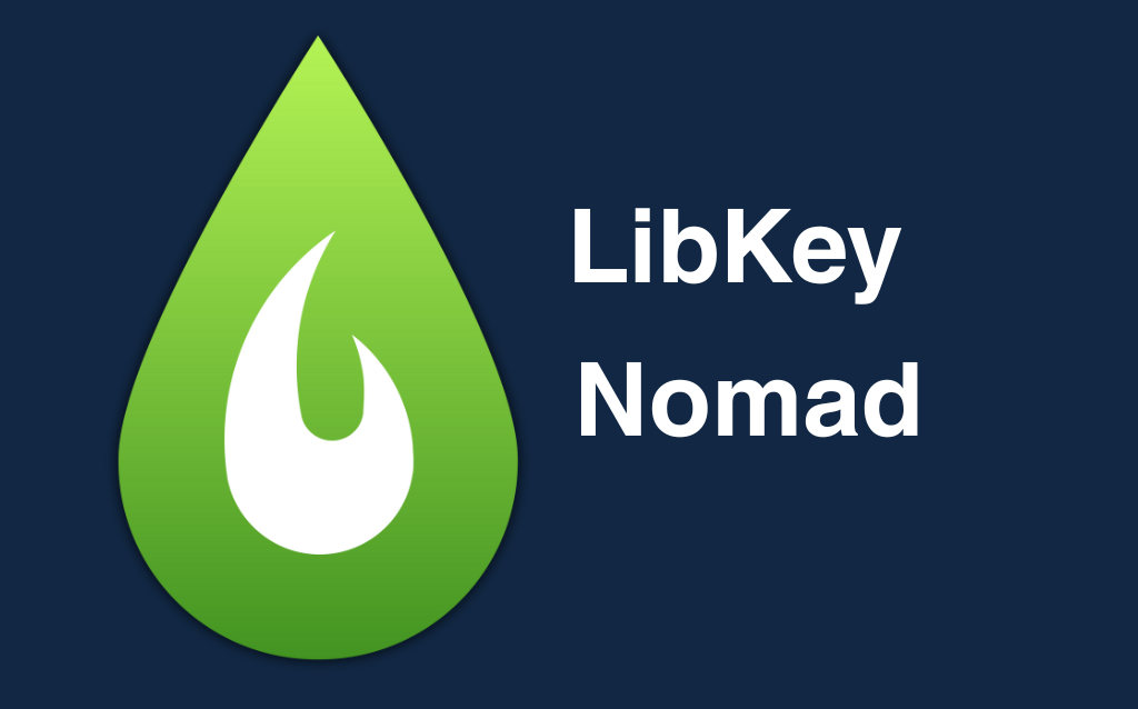 dark blue background with the LibKey Nomad logo, a green tear drop shape with a white swoosh in the middle. To the right of the logo is the text LibKey Nomad.