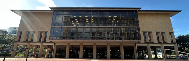 Photograph of the front of Moody Medical Library at University of Texas Medical Branch