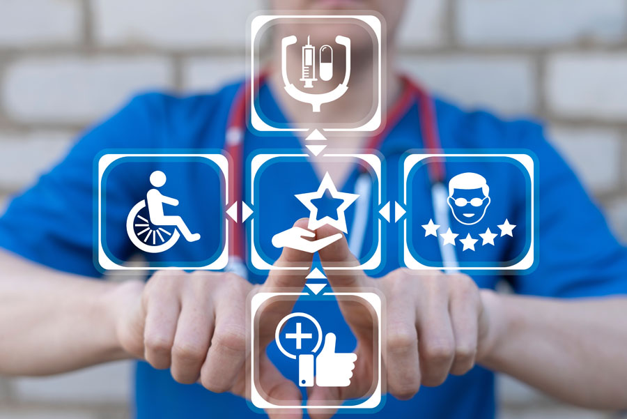 Health care concept of patient satisfaction. Five-star rating, health care quality, digital health service, emotional care and positive medical experience.