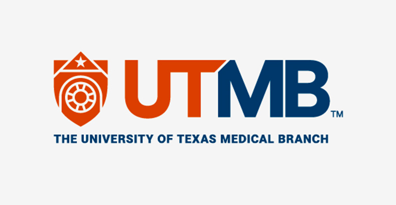 Orange and blue logo for UTMB, The University of Texas Medical Branch in text with Shield to the left