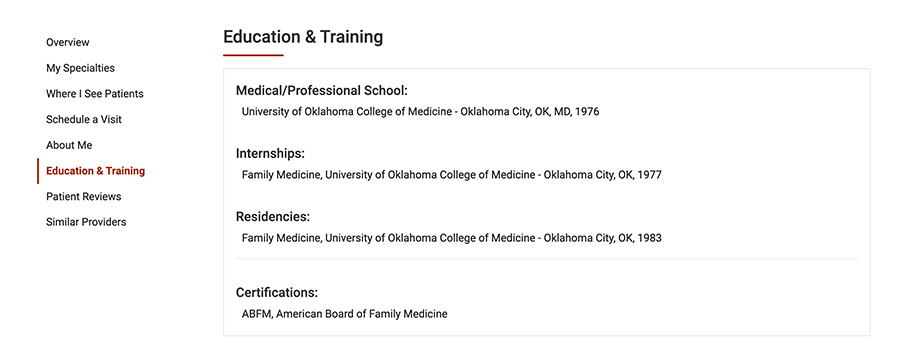 Screenshot of provider education