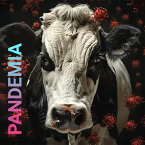 Pandemia text, image of a cow's face surrounded by floating covid-19 viruses