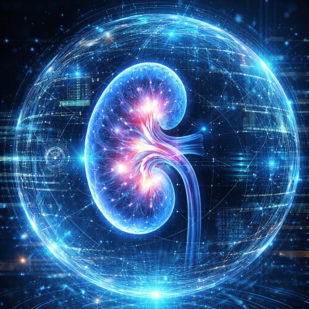 graphic representation of a kidney with a bright blue circle around the graphic