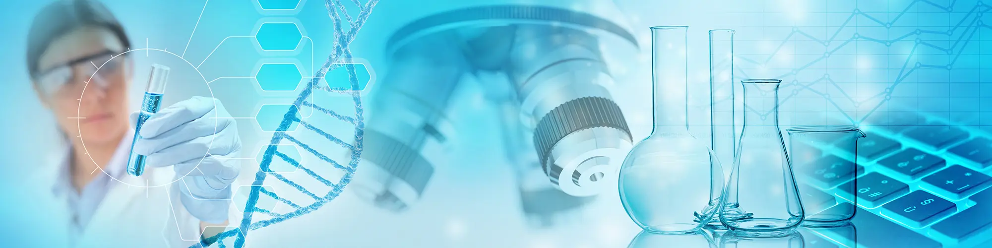 Scientist holding a test tube with blue liquid alongside DNA strand, microscope lenses, laboratory glassware, and digital interface elements.