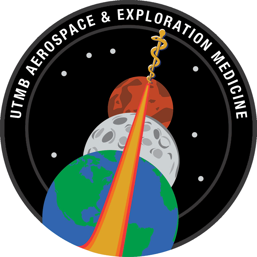 The UTMB Aerospace Medicine program patch depicting three planetary objects with a streak through them