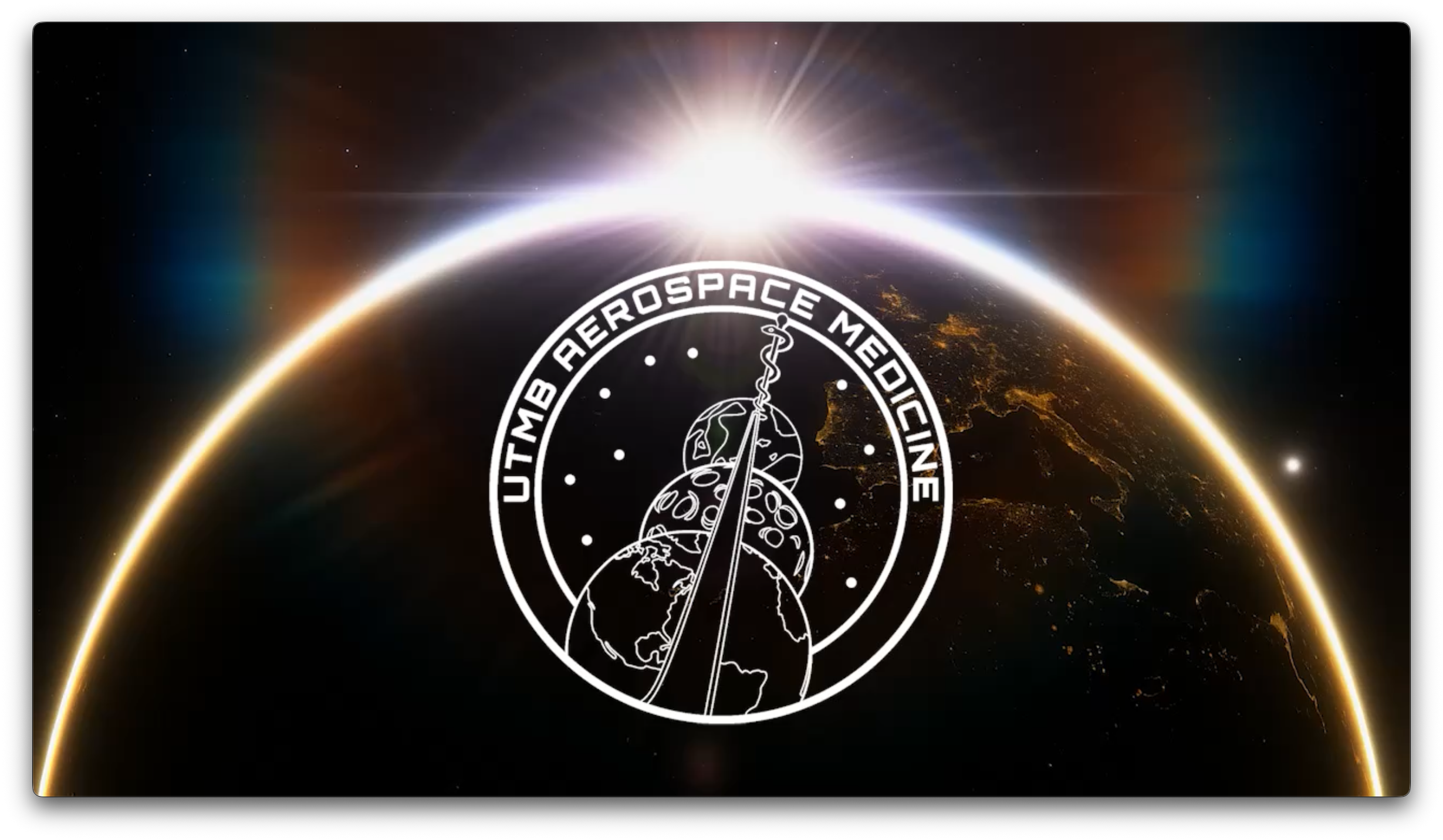 A monochrome line drawing of the UTMB Aerospace Medicine patch graphic overlayed over a planet with the sun rising in the horizon