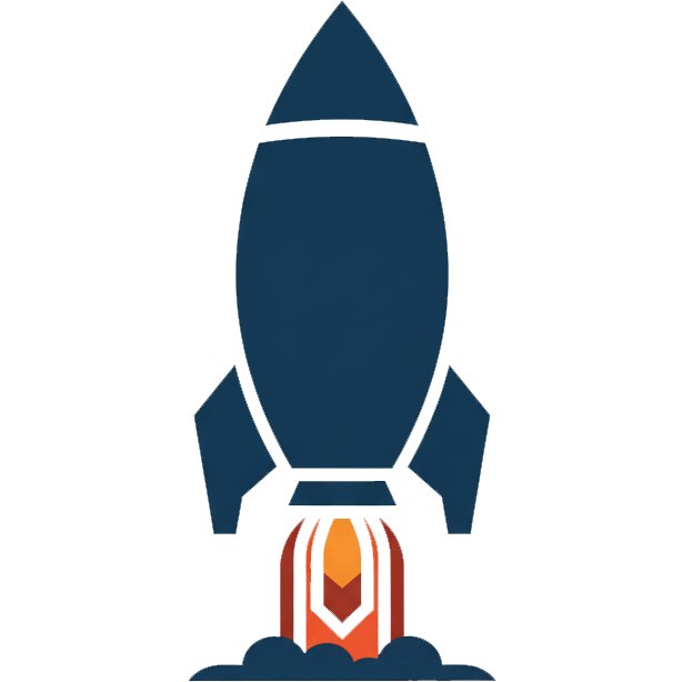 An upright, plain, blue rocket illustration with fire and plume under it