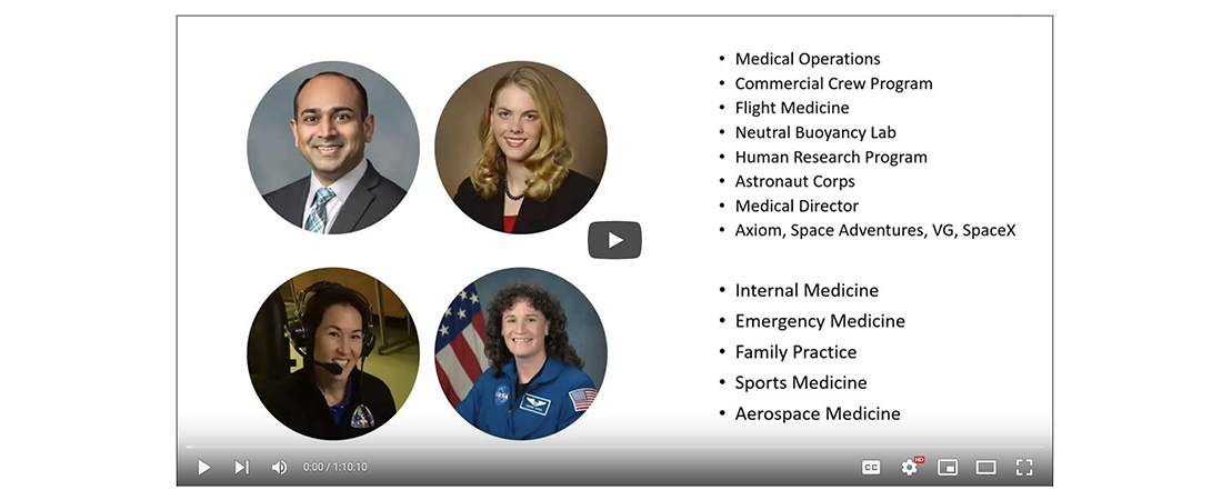 A screenshot of a video showing four UTMB Aerospace Medicine faculty members and two lists of graduate outcomes and typical residencies prior to starting