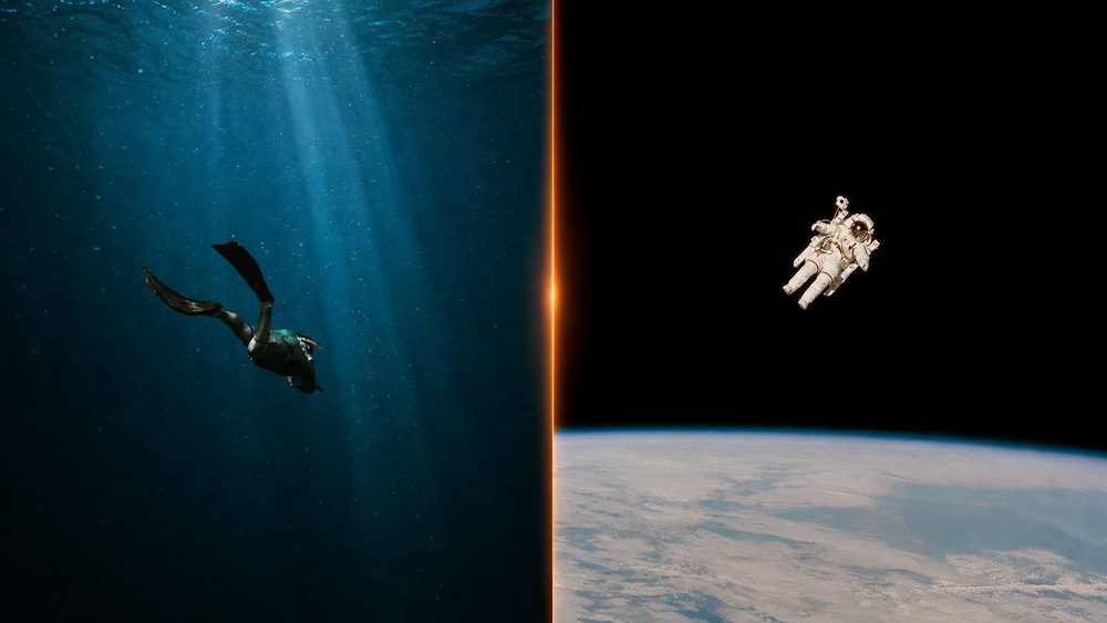 A split hero image shows a diver descending through deep blue water on the left and an astronaut floating above Earth in black space on the right, separated by a thin orange line.
