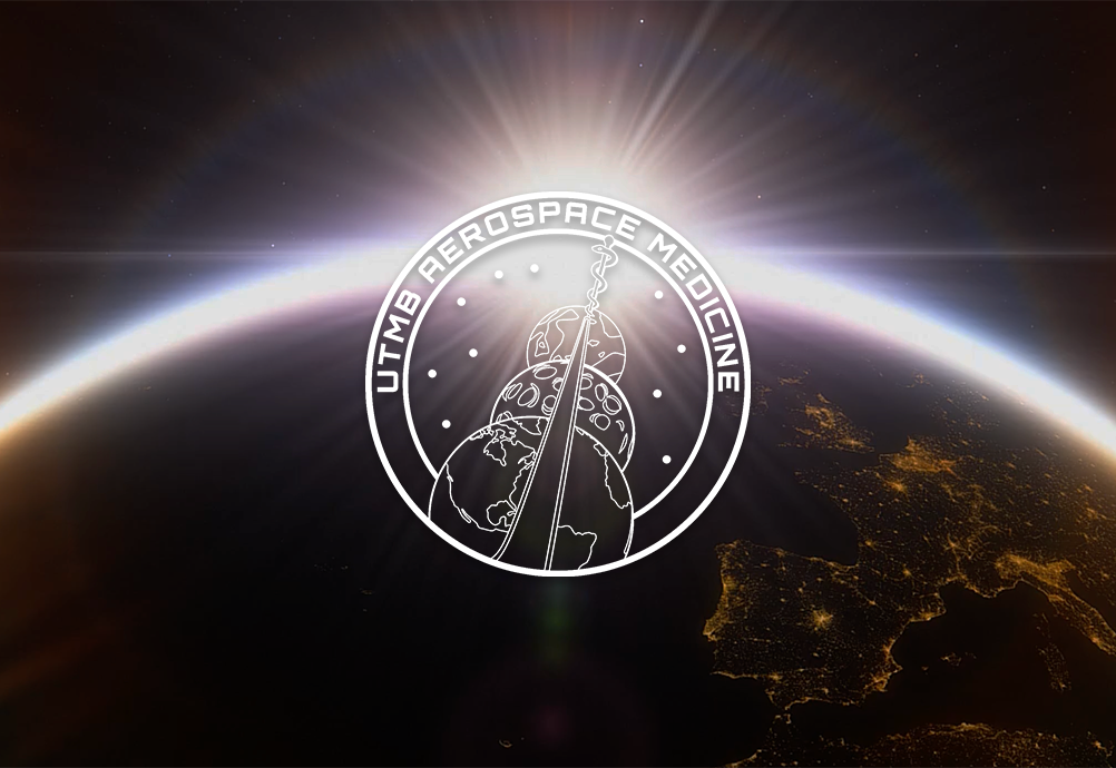 A monochrome line drawing of the UTMB Aerospace Medicine patch graphic overlayed over a planet with the sun rising in the horizon