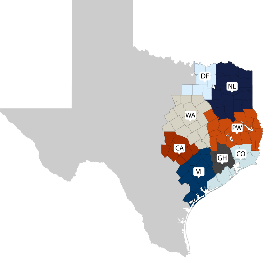 Map graphic of Texas showing all of the AHEC regions.