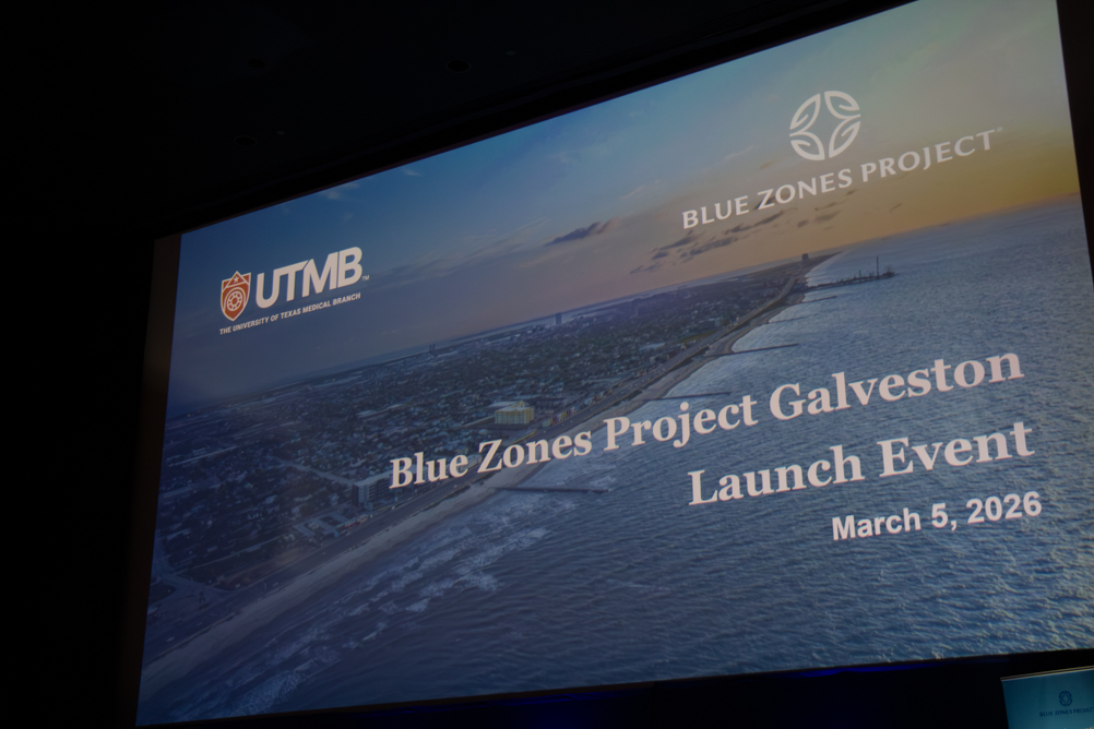 Photo of a screen that says Blue Zones Project Galveston Launch Event