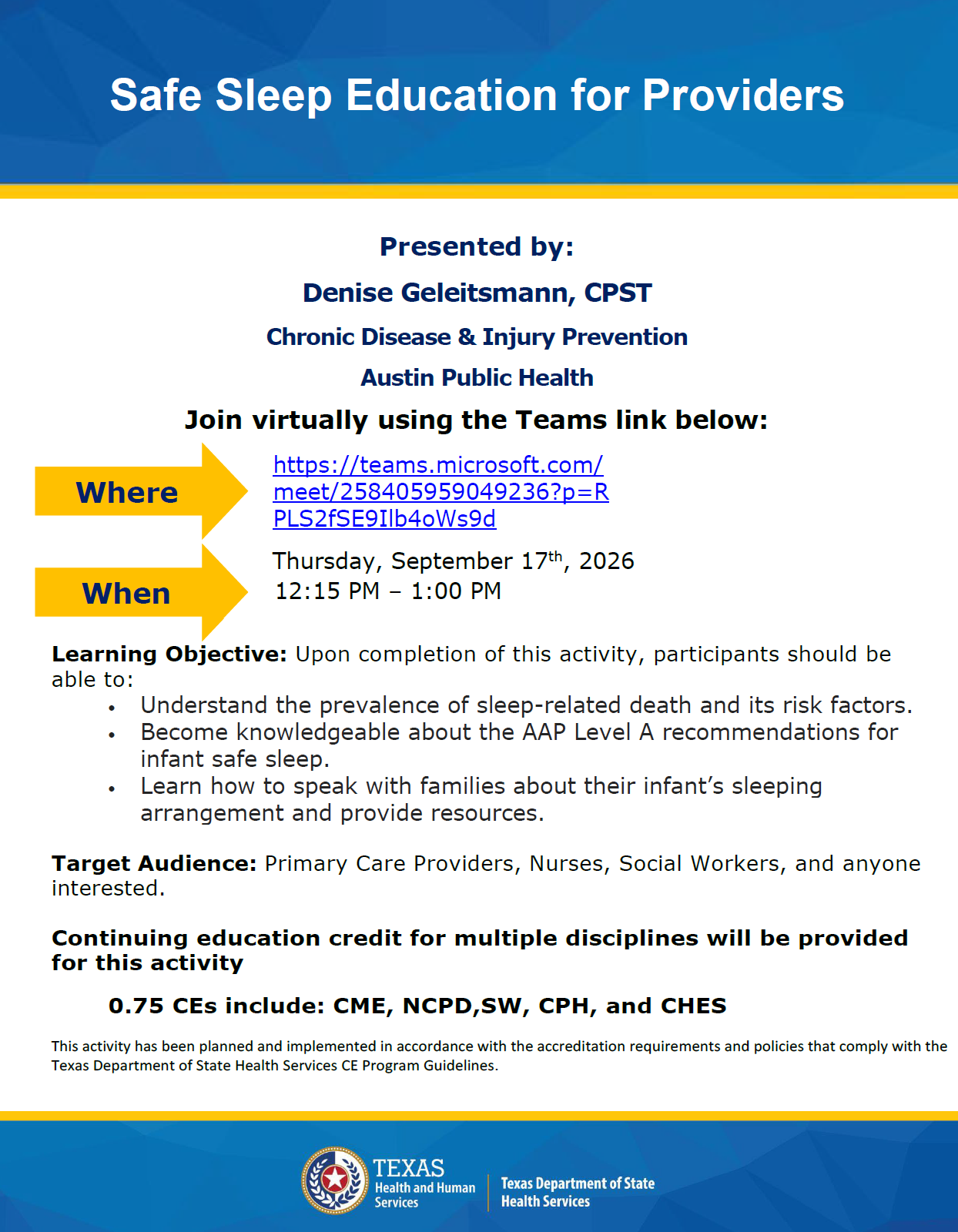 Safe Sleep Education for Providers CE Event Sep 17