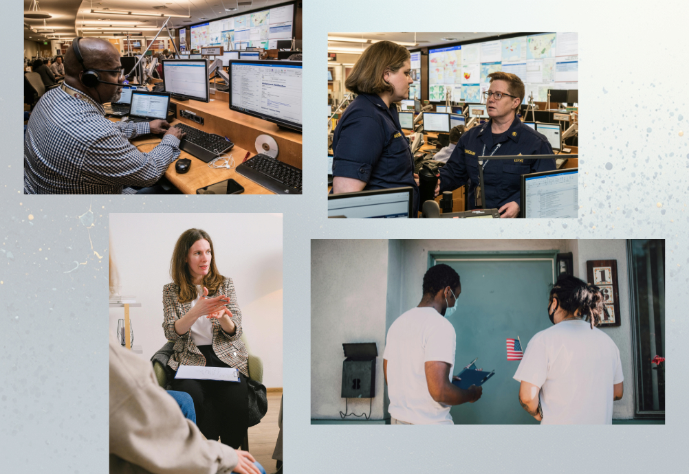 A collage of photos representative of people working in epidemiology and public health practice