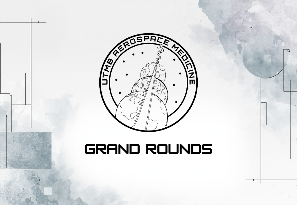 A stylized graphic with a monochrome UTMB Aerospace Medicine's logo and abstract shapes in the background