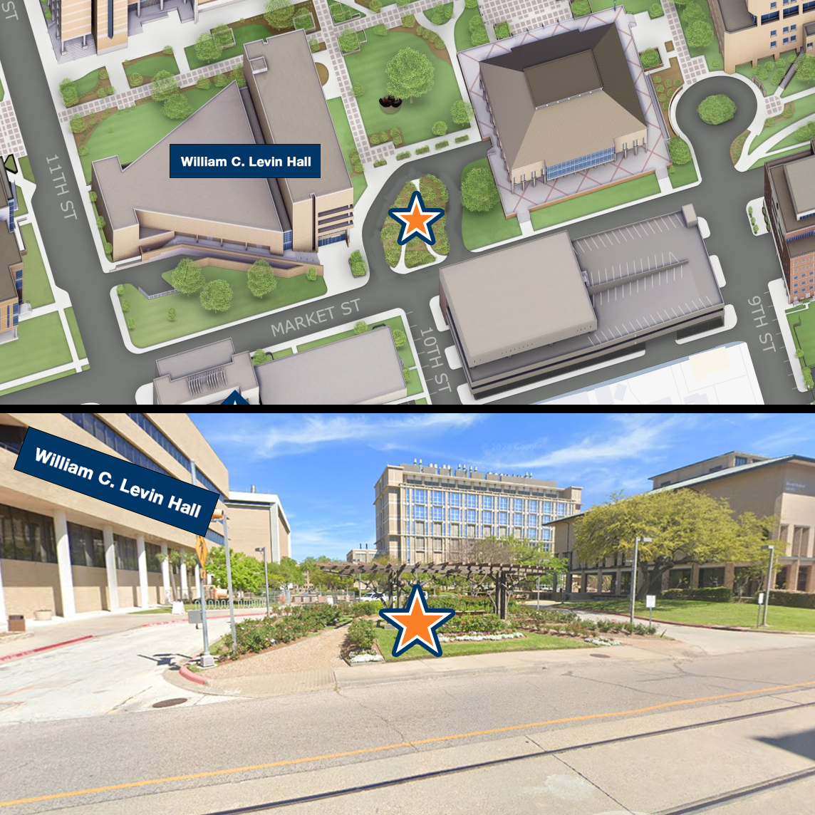 Two-panel graphic showing the circle drive near William C. Levin Hall.