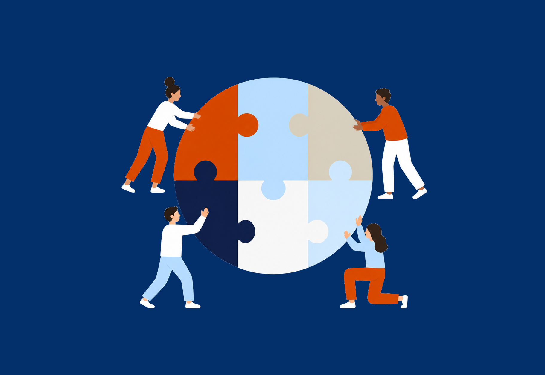 Illustration of four people pushing large puzzle pieces together to form a complete circle.