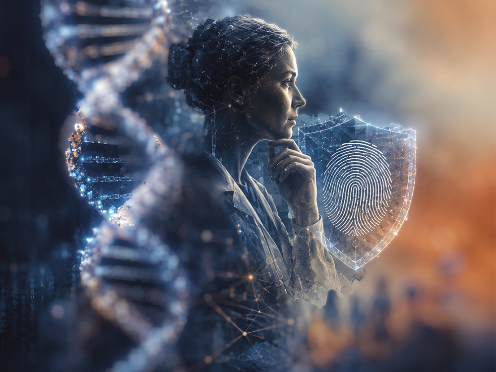 A contemplative woman appears beside a glowing DNA strand and a fingerprint shield, representing questions about genetic data, privacy and identity.