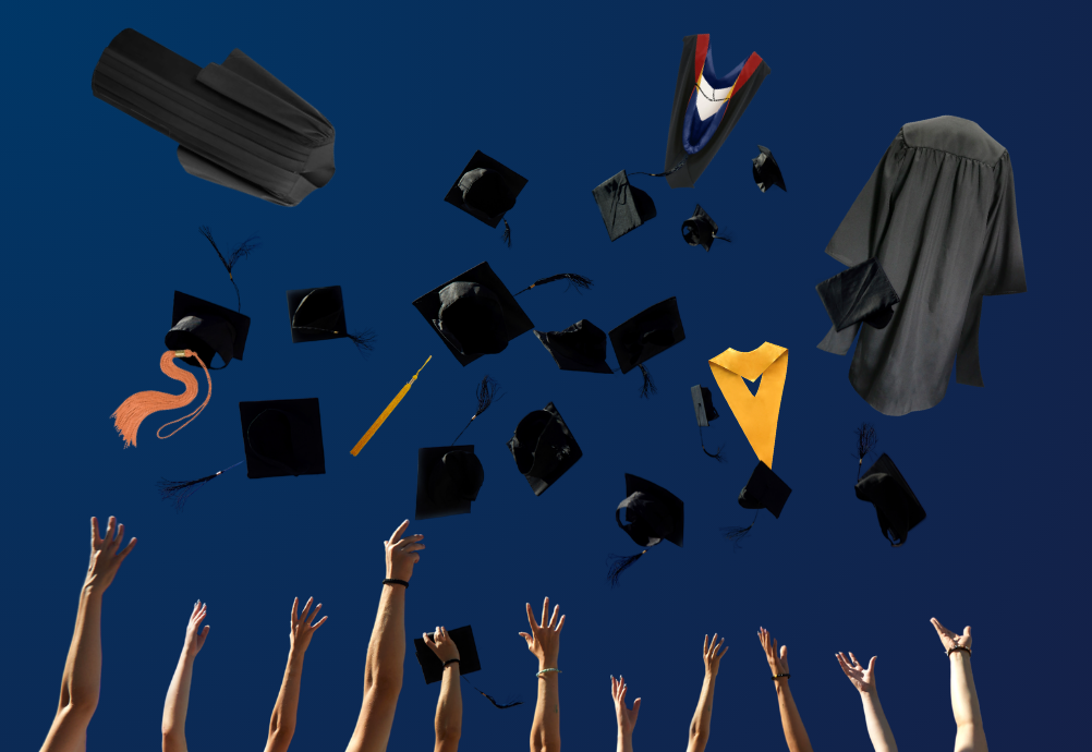 Hands throwing caps, gowns, tassels, hoods into the air