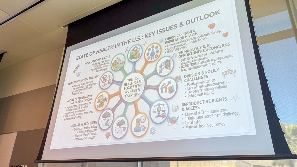 Presentation slide showing a public health overview titled “State of Health in the U.S.: Key Issues & Outlook” projected on a screen in a conference room.