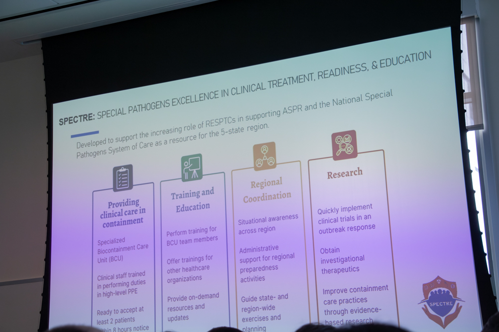 Presentation slide about SPECTRE, outlining clinical care, training and education, regional coordination, and research.