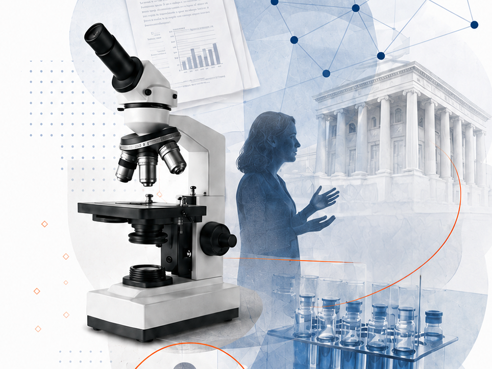 A microscope, lab vials, research documents, connected data points and two people in conversation appear in a layered blue collage, representing science, expertise and society.