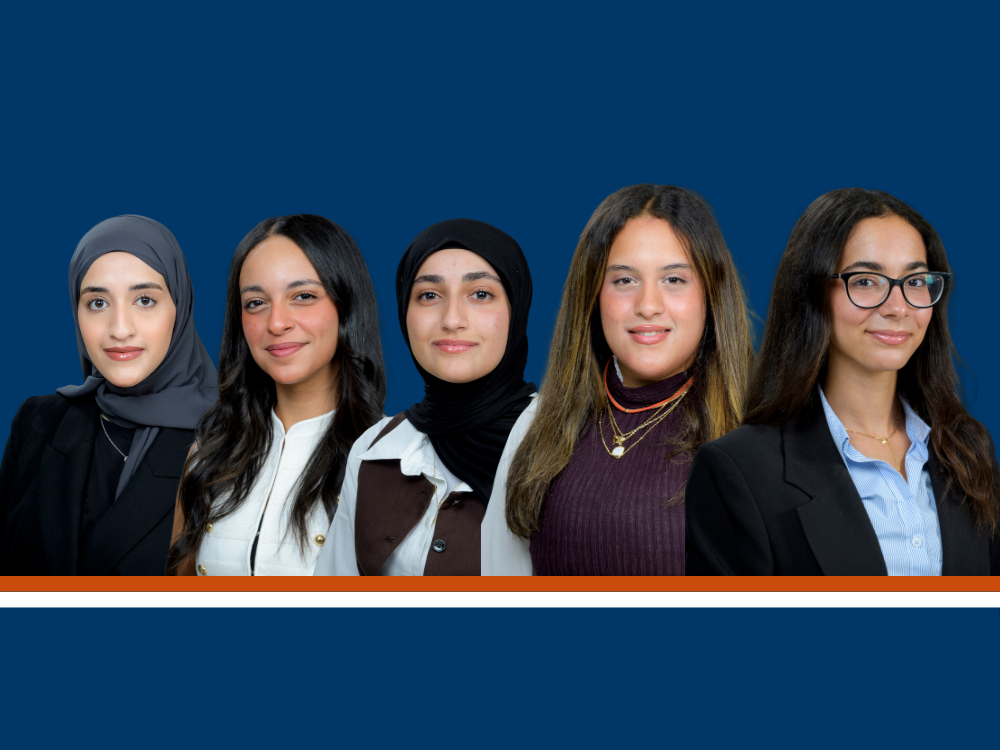 Portraits of five Badya University medical students who participated in UTMB’s summer program in Galveston, arranged side by side against a blue background.