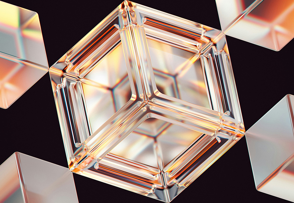 Abstract 3D composition of transparent glass cubes and rectangular prisms floating against a black background, centered on a large hollow glass cube with warm amber, gold, and subtle iridescent reflections.