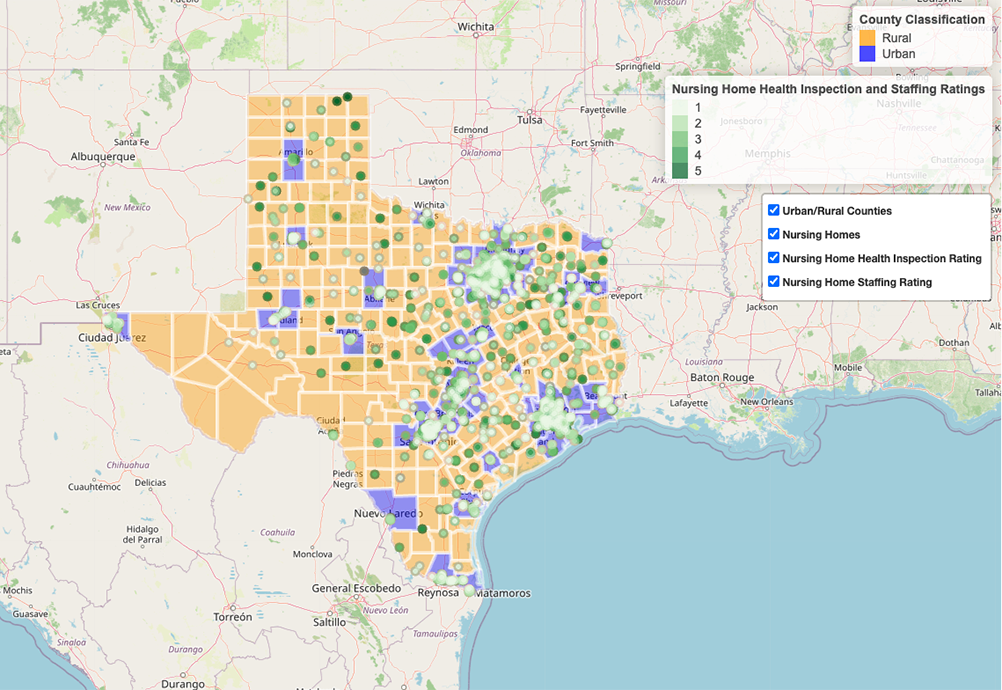 Interactive map of Texas titled “Nursing Home Health Inspection and Staffing Ratings,” showing rural counties in orange and urban counties in purple, with green markers across the state representing nursing home rating locations.