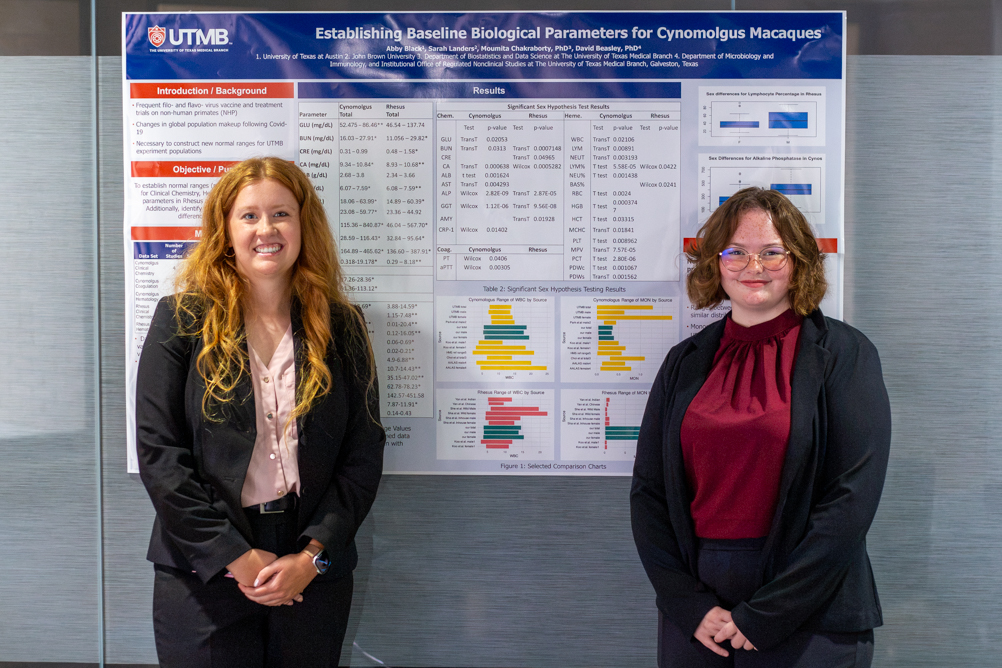 IMG_2799 Two SIBDS students stand beside a poster titled “Establishing Baseline Biological Parameters for Cynomolgus Macaques.”