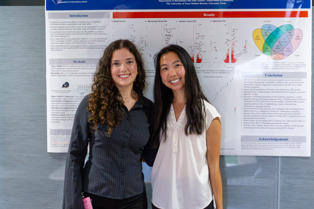 IMG_2866 Two SIBDS students stand beside a poster about gene expression in mice infected with respiratory syncytial virus.