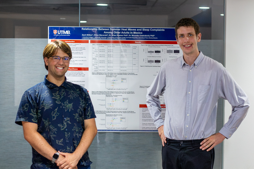 IMG_2868 Two SIBDS students stand beside a poster titled “Relationship Between Summer Heat Waves and Sleep Complaints Among Older Adults in Mexico.”