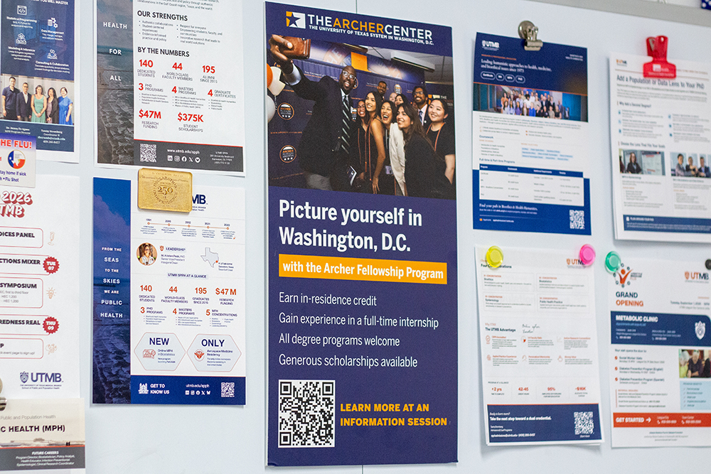 Archer Fellowship poster on a UTMB bulletin board inviting students to study and intern in Washington, D.C.