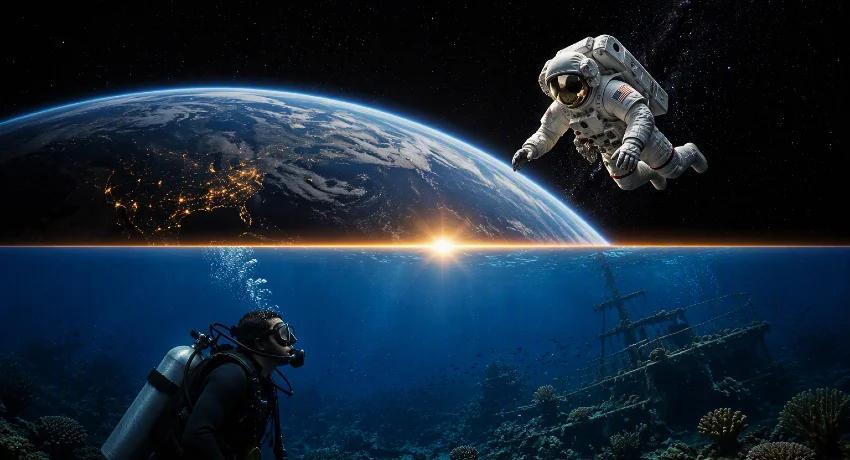 An illustration splits the frame between an astronaut floating above Earth in space and a scuba diver exploring an underwater shipwreck, meeting at a glowing sunrise horizon.