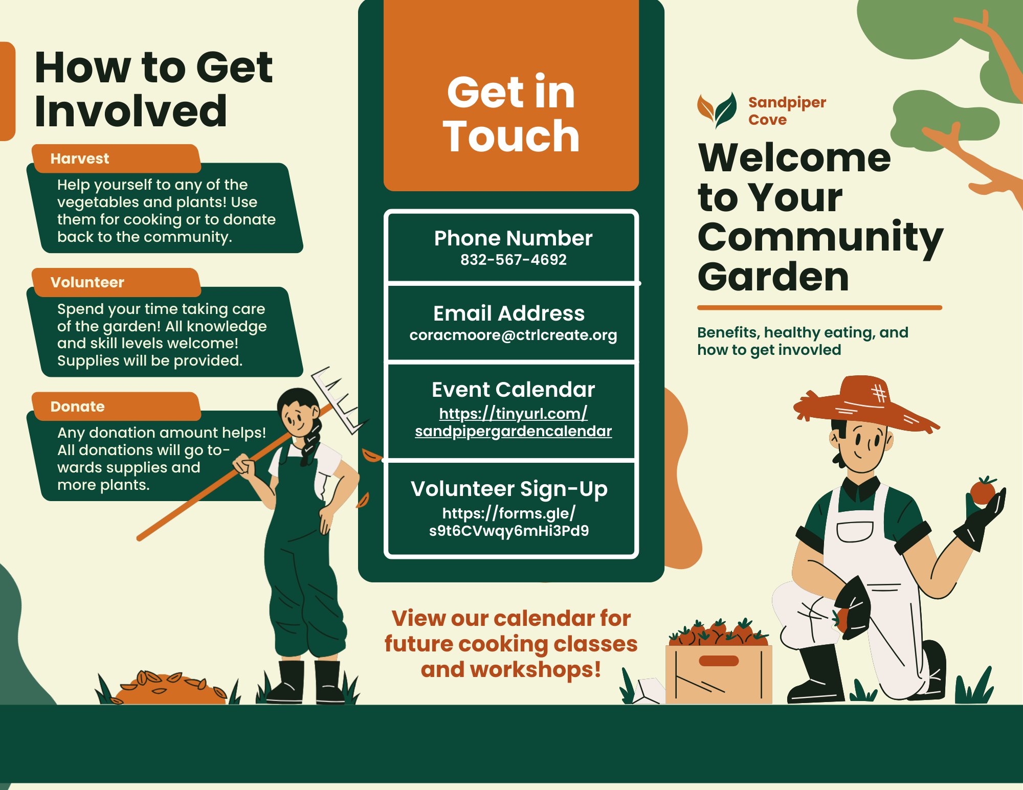 Sandpiper Cove Community Garden Brochure Tri-fold Sandpiper Cove Community Garden brochure created by Anh, with illustrated gardeners and sections explaining how residents can harvest produce, volunteer, donate, view the event calendar, and contact organizers.