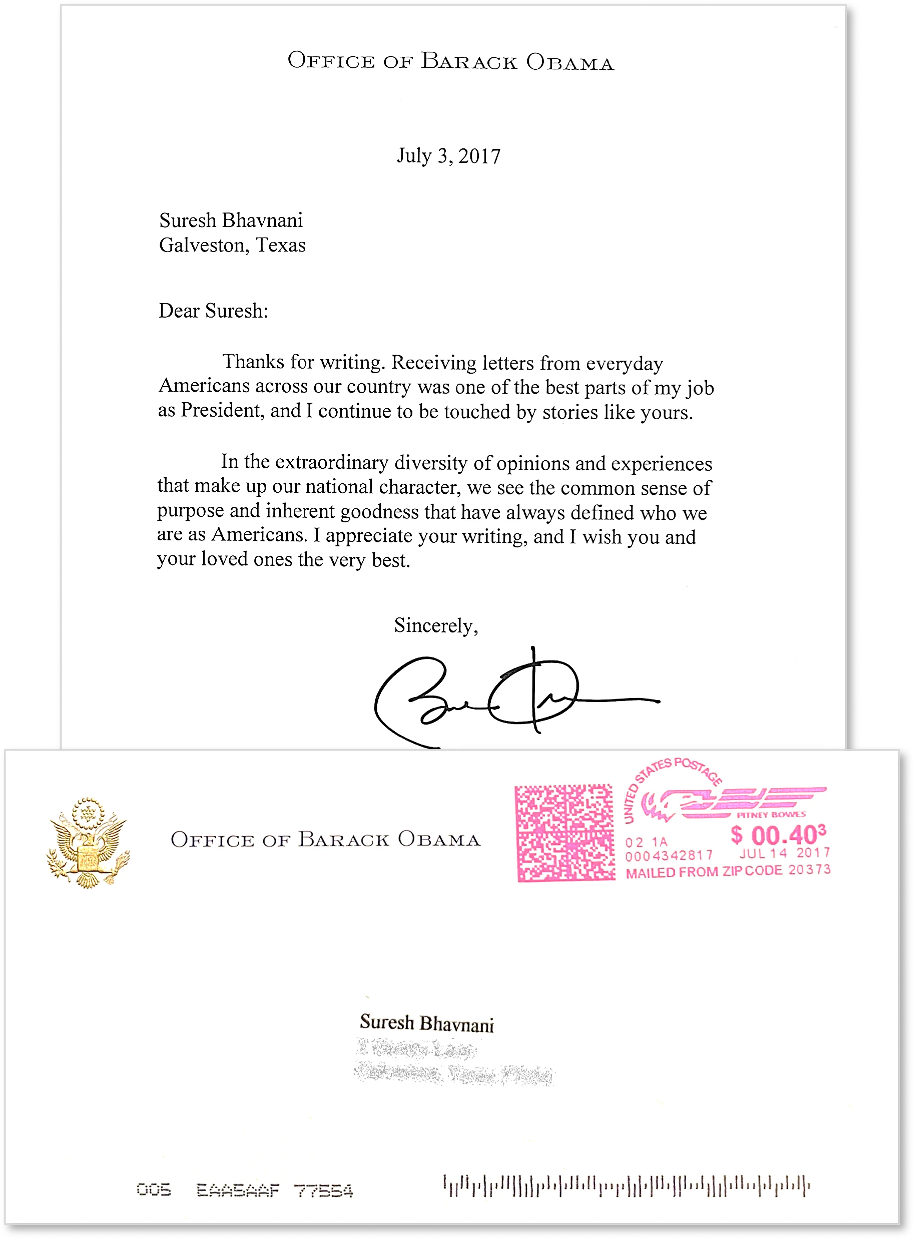A hand-signed letter from the Office of Barack Obama addressed to Suresh Bhavnani in Galveston, Texas, dated July 3, 2017, alongside its envelope bearing the office seal and postmark.