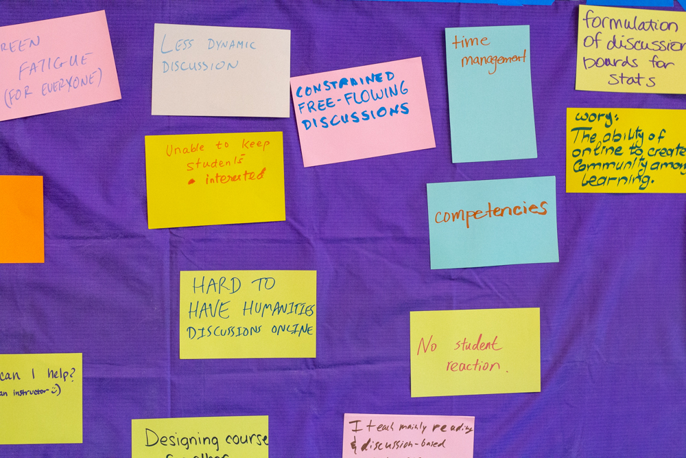 Sticky Notes at SPPH Online Programs Retreat A collection of sticky notes featuring online teaching concerns