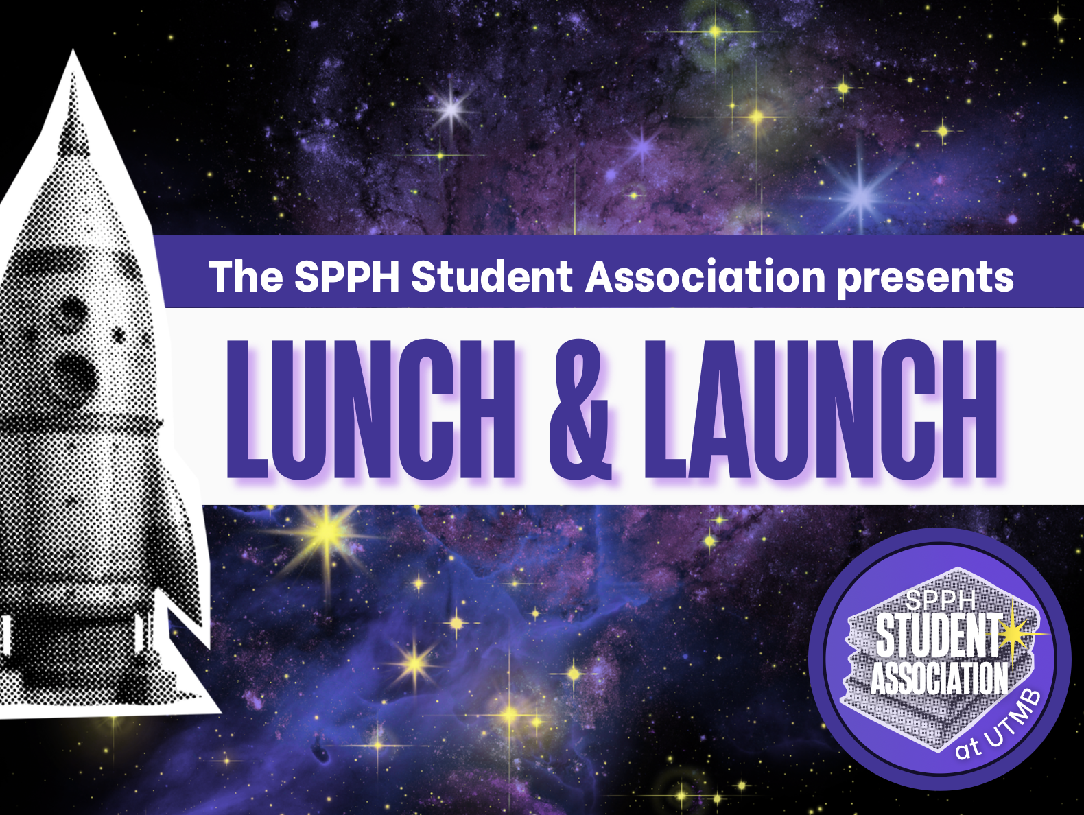 Promotional flyer for Lunch and Launch general meeting: Wednesday September 17th, 12:00–1:00 PM, HEC 2.220, lunch provided first come first served