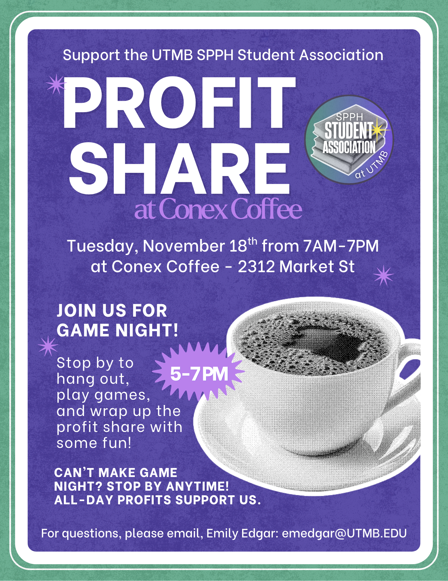 Promotional flyer for Profit Share at Conex Coffee: Tuesday November 18th, 7AM–7PM, with an evening Game Night from 5–7PM